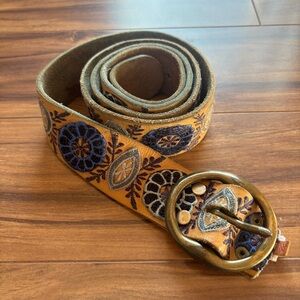 Lucky Brand Embroidered Tan Belt with Blue Accents
